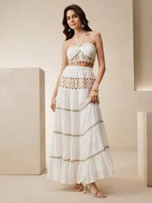 Anewsta 海滩度假风格吊带白色长裙，女士迷人两件套 - 白色 - 查看 6