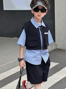 DAZY 青少年男孩休闲衬衫套装，返校服装 - 藏蓝色 - 查看 6