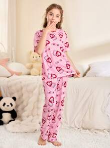 SHEIN 少女心印花圆领短袖上衣和长裤睡衣套装 - 粉色 - 查看 1