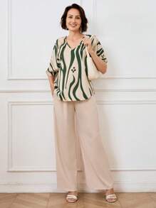 Miaspire 2pcs/Set Women Spring/Summer Casual Zebra Print V-Neck Blouse And Loose Wide-Leg Pants,Business Women Attire,Country Style Women's ClothingFall Women Clothes Going Out Outfits Mothers Day Outfit Gift For Mom