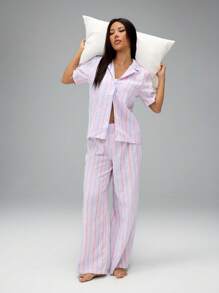 SHEIN PETITE Women's Two-Piece Button-Front Shirt And Pleated Trousers Pajama Set
