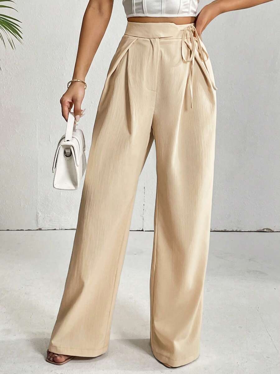 Firerie High Waist Plicated Detail Knot Side Wide Leg Pants - Apricot - View 1