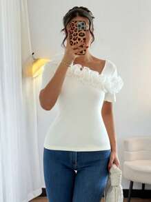 Selianne Camisa de manga corta con volantes y decoración floral en color crema amarillento elegante y de moda de verano 2025, adecuada para citas, salidas, vacaciones, negocios, banquetes, fiestas, bodas, Día de la Madre, Día del Maestro, festival de cerveza, festival de música - Blanco - Ver 4