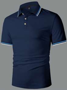 Calvornis 男士拼色条纹印花休闲短袖 Polo 衫，夏季 - 寶藍色 - 查看 3