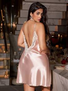 SilkySpell Plus Size Women Lace Deep V-Neck Backless Fitted Satin Slip Dress