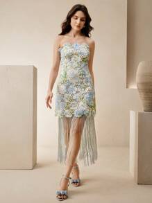 Anewsta Robe moulante à bretelles style bustier avec imprimé floral et franges, élégante pour l'été - Bleu et Blanc - Voir 5