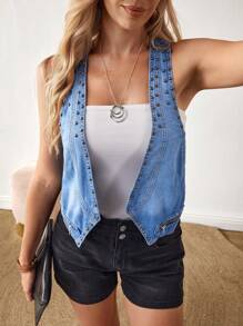 SHEIN LUNE Chaleco vaquero casual sin mangas, con remaches, de moda para mujer, para el verano - Azul - Ver 7