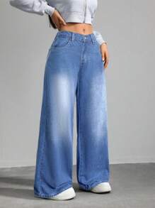 SHEIN Tall 女士牛仔裤低腰直筒裤蓝色低腰宽松牛仔裤 - 藍色 - 查看 3