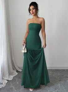 Elenzga Contrast Lace Elastic Waist A-Line Hem Elegant Romantic Women Dress - Dark Green - View 3