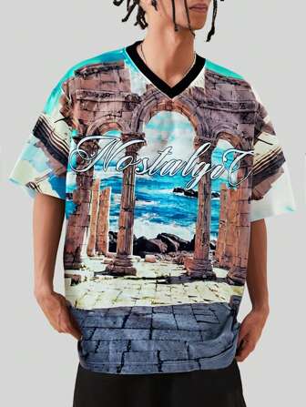 Street Life T-shirt casual col en V imprimé avec course de temple vintage - Wyp