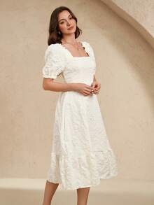 EMERY ROSE Women's Solid Color Daisy Jacquard Fabric Ruched Waist Elegant Daily & Holiday Puff Sleeve Dress - Apricot - View 4