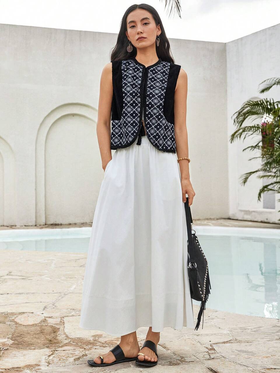 Women's Summer Loose Casual Resort Bohemia Style Ditsy Floral Embroidery Geometric Pattern Print Color Block Patchwork Vest Style Open Cardigan Blouse
