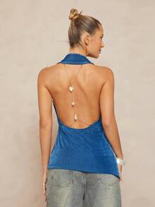 Lumalex Halter Twist Marszczony Odkryty Tył Metalowy Łańcuch Dekoracja Damski Top - Turkusowy - Zobacz 7