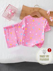 Bộ đồ ngủ cho bé gái - Họa tiết kỳ lân phát sáng trong bóng tối màu hồng, áo thun tay ngắn và quần short vải co giãn cao thời trang, đồ ngủ bó sát - Hồng - Xem 2