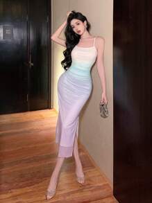 DAZY 女士渐变色褶皱侧开衩吊带中长连衣裙，修身款，返校服 - 彩色 - 查看 6
