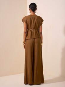 Zivah New Summer Leisure Elegant Vacation Daily Date Birthday Party Commuter Slouchy Feeling European And American Retro Deep V-Neck Sexy Cap Sleeve Raglan Sleeve Waist Bowknot Top + Wide Leg Pants Ultra-Long Pants Brown Textured Wrinkled Cloth Women's Two Pieces Set-A Elegant Two Pieces Set Brown Two Pieces Set Dressy Two Pieces Set Brown Two Pieces Set Women Women Brown Summer Set - Brown - View 2