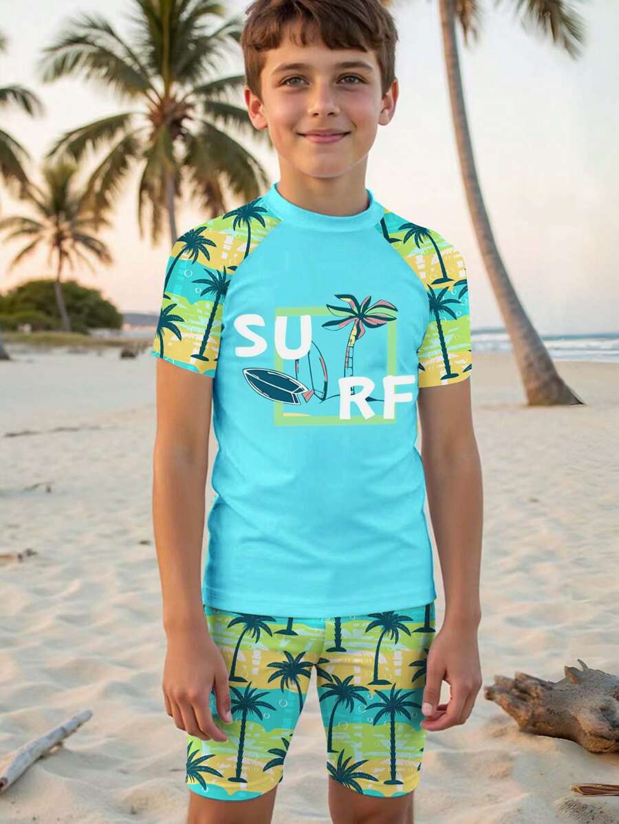 SHEIN Tween Boy Casual Simple Round Neck Short Sleeve Swimsuit Set, Suitable For Summer