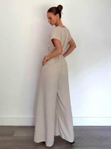 Siren Gaze 女士优雅休闲度假办公室通勤V领腰带宽松衬衫和高腰休闲裤两件套，商务休闲女装，女装工作服，女装教师装，夏季女装两件套 - 杏色 - 查看 2