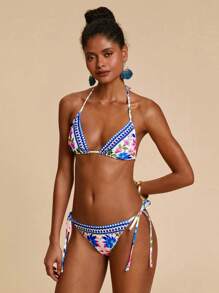 Travachic 女士花卉印花露背系带性感比基尼两件套泳衣套装，夏季海滩 - 彩色 - 查看 3