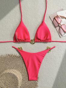 Swim Chiccia Women Beach Summer Solid Color Fashionable And Sexy Bikini Set - Hot Pink - View 2