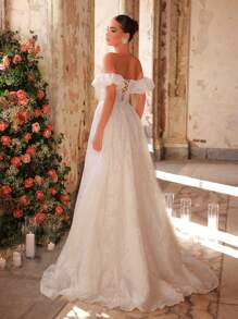 Glamrae Elegant Luxurious Jacquard Satin Puff Sleeve Maxi Dress With High Slit And Train, Suitable For Wedding, Party, Honeymoon, Formal Events,Graduation,Teacher Outfits For Women,Teacher Dress - Beige - View 3