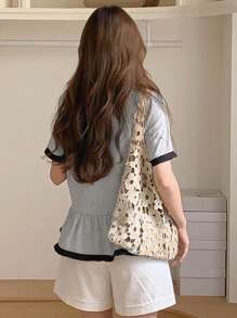 DAZY Women Patchwork Color Block Casual Short Sleeve Loose Cute Lace Trim T-Shirt, Summer - Grey - View 5