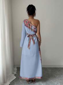 Elenzga Asymmetrischer Ausschnitt, geometrischer Muster, elegantes vintage langes Kleid - Babyblau - Übersicht 2