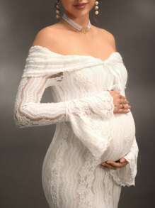 Cheriluna Maternity Elegant Off-Shoulder White Lace Long Sleeve Mermaid Maxi Dress, Suitable For Wedding, Party, Baby Shower, Maternity Photoshoot, Christening