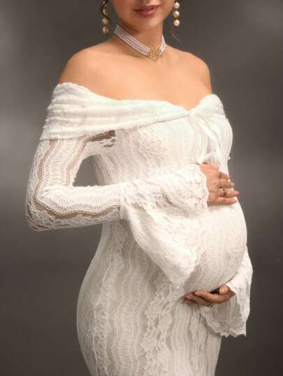Cheriluna Maternity Váy maxi đuôi cá dài tay ren trắng trễ vai thanh lịch, thích hợp cho đám cưới, tiệc tùng, tiệc mừng em bé, chụp ảnh bầu, lễ rửa tội