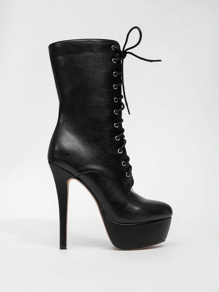 CUCCOO LuxiPop 女式系带厚底中筒靴，防水，性感时尚，适合夜店、万圣节、圣诞节、派对装 - 黑色 - 查看 2