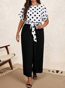 SHEIN Clasi Plus Size Minimalist Stylish Jumpsuit, Suitable For Summer - Black and White - View 5
