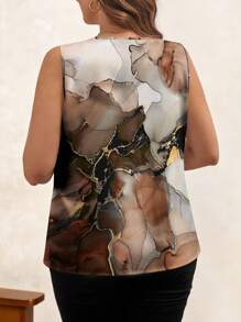 SHEIN Clasi Plus Size V-Neck Casual Textured Ink Painting Graphic Sleeveless Shirt, Suitable For Summer Suitable For Going Out Chic Blouses For Women - Brown - View 2