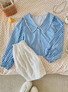 INAWLY Women's Bright Yellow Bubble Plaid Cute Loose Long Sleeve Fungus Lace Shirt Fall Cloth For Women