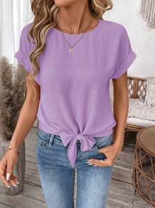 SHEIN LUNE Blusa casual de mujer de unicolor con nudo delantero y manga corta, básica para primavera/verano y uso diario - Púrpura malva - Ver 6