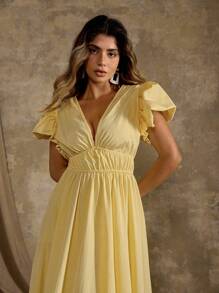 Roveilla Plus Size Deep Yellow V-Neck Romantic Ruffle Hem Flared A-Line Dress
