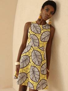 Vesra Allover Print Round Neck Casual Sleeveless Short Mini Dress, Summer