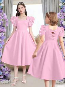 Teen Girl Red Beaded Puff Sleeve Backless Bow Design Fashion Retro Sweet Elegant Princess Dress