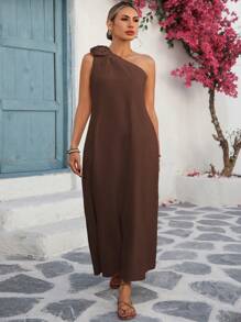 EMERY ROSE Plus Size Women's Western Style Bohemian Festival French Elegant Loose Casual Holiday Commuter Solid Color Linen Off The Shoulder Spaghetti Strap Gathered Neckline Floral Decor Slit Hem Sleeveless Maxi Dress, Spring/Summer Women Summer Clothing Woman S Summer Clothes Work Summer Dresses Women Plus Sun Dress Women S Clothes