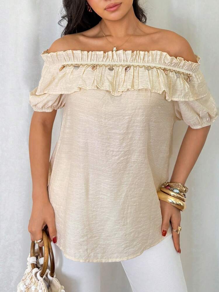 New Arrival Summer Bohemian Style Party & Beach Wear Women Blouse Linen Off Shoulder Top