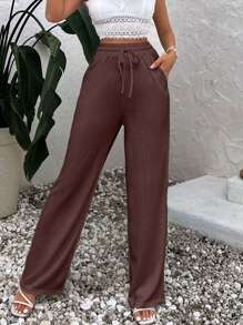 EURMUSE Women's Summer Solid Color Coffee Brown High Waist Drawstring Waist Linen Wide Leg Pants Home Casual - Brown - View 6