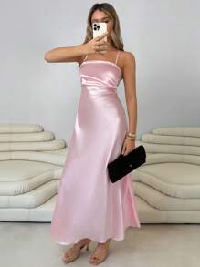 Roylia 女士优雅鱼尾连衣裙，细肩带，紧身，露背系带设计，夏季长裙 - 粉色 - 查看 4
