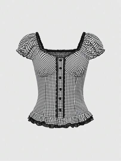 Kawaii Blouse avec ourlet plissé et garniture de dentelle, avec manches bouffantes, pour un style vacances et un port quotidien pour femmes, printemps/été