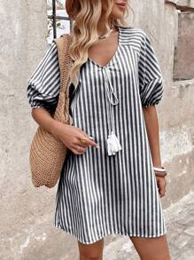 SHEIN LUNE Vestido holgado casual de estilo de vacaciones con cuello en V a rayas verdes para mujer, de verano