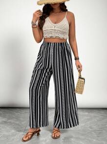 SHEIN VCAY Plus Size Loose Black And White Stripe Pants, Vacation Style, Boho,Western Clothes For Women,Leisure,Vacation - Black and White - View 5