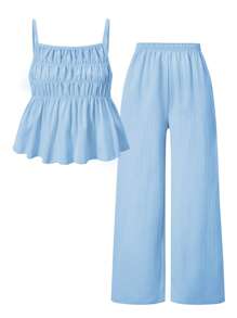 SHEIN ChillGRL 2 件套青少年女孩休闲时尚纹理提花吊带背心上衣和阔腿裤套装，适合日常通勤、休闲、度假、聚会、春夏季 - 淺藍色 - 查看 3