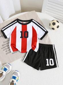 SHEIN Set de 2 piezas Conjunto de jersey deportivo a rayas y pantalones cortos para bebé, estilo deportivo para niños y niñas bebés, adecuado para interior, exterior, diario, deportes, juego, fiesta, sesión de fotos, vacaciones, partido, primavera/verano