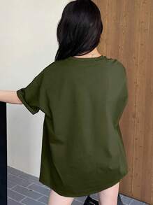 DAZY 女士圆领宽松休闲开叉短袖T恤，夏季 - 軍綠色 - 查看 5