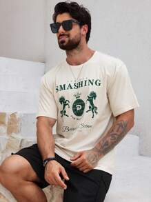 DAZY Camiseta de color crema con estampado de caballo y letras para hombres en verano