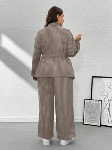 Firerie Plus Size Women's Striped Wrap Elegant & Casual Kimono Blazer Suit Set, Grey Office Commuter Formal 2 Pieces Suit Outfit/Valentine's Day/Concert/Performance Costume/Dating/Senior Banquet/Dance/Wedding Season/Sexy/Elegant/Commuting/Back To School Season/Vacation/Beach/Elegant Romance/Office Enchantress/Siren Style/Birthday Party Outfits Long Sleeve Suit Autumn Four Seasons Jacket & Straight Pants Suit Set/Multi-Piece Set Graduation,Back To School,Teacher Outfits For Women,Fall Women Clothes