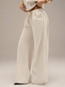 Avantive Off-White Summer Casual Everyday Women's Baggy Wide Leg Jeans,90s Y2k Vintage Low Rise Streetwear,Western Business Wear,Cowgirl Fairy Style Pants - White - View 3